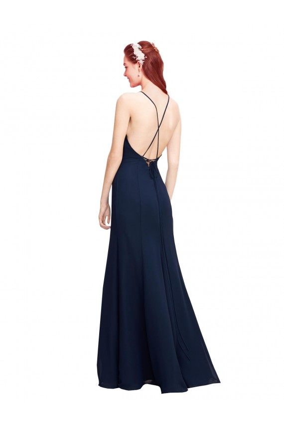 Comprare Blu marino scuro Stile sirena Capestro Alto Collo Chiffona Lunga Abiti da damigella donore / Abiti da ballo