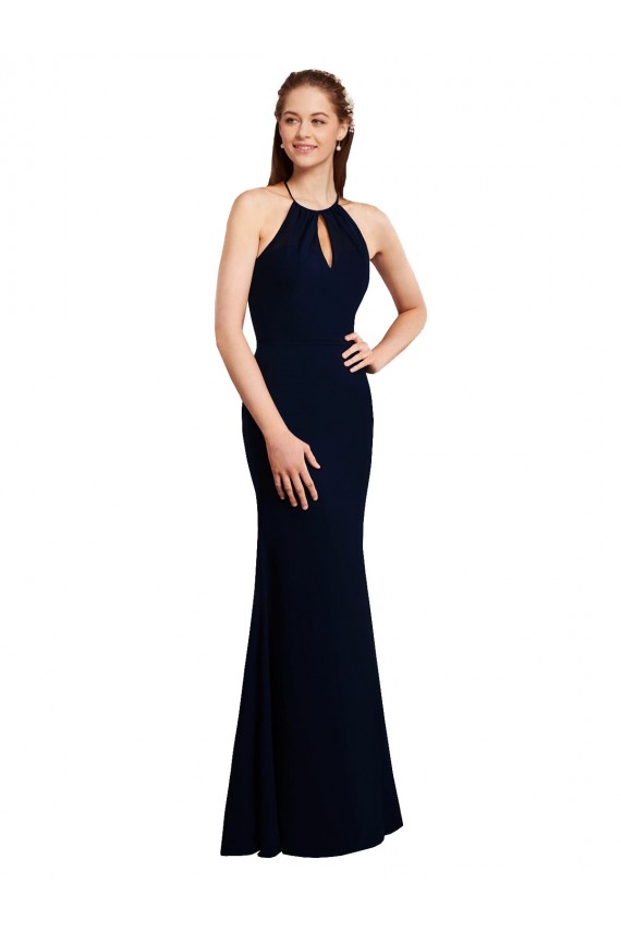 Comprare Blu marino scuro Stile sirena Capestro Chiffona Lunga Abiti da damigella donore
