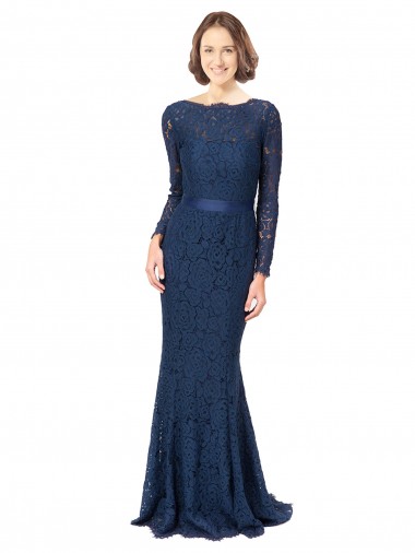 Comprare Blu marino scuro Stile sirena Collo Gioiello Sweep treno Pizzo Lunga Abiti da damigella donore