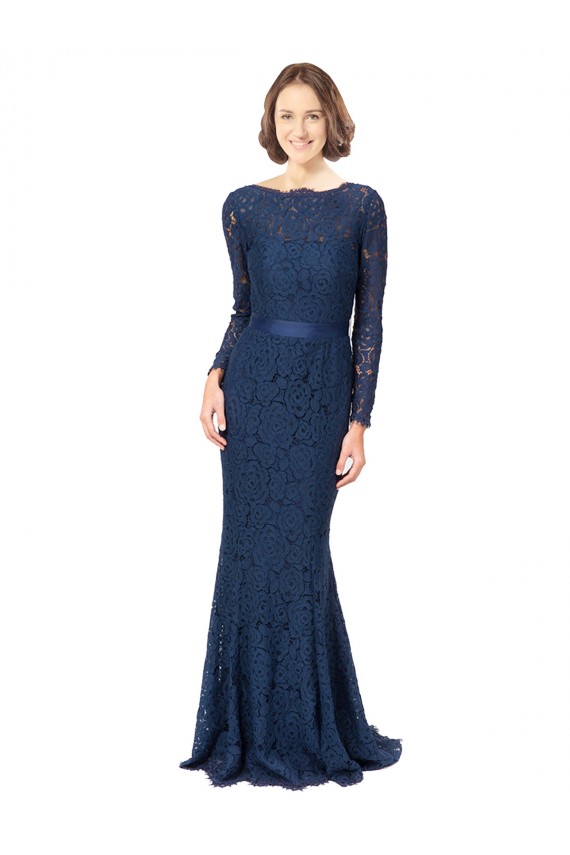 Comprare Blu marino scuro Stile sirena Collo Gioiello Sweep treno Pizzo Lunga Abiti da damigella donore