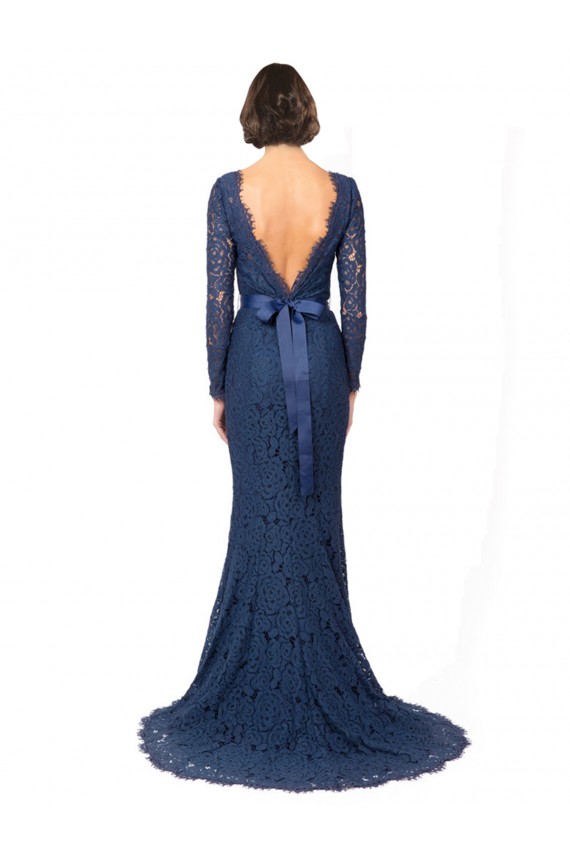 Comprare Blu marino scuro Stile sirena Collo Gioiello Sweep treno Pizzo Lunga Abiti da damigella donore