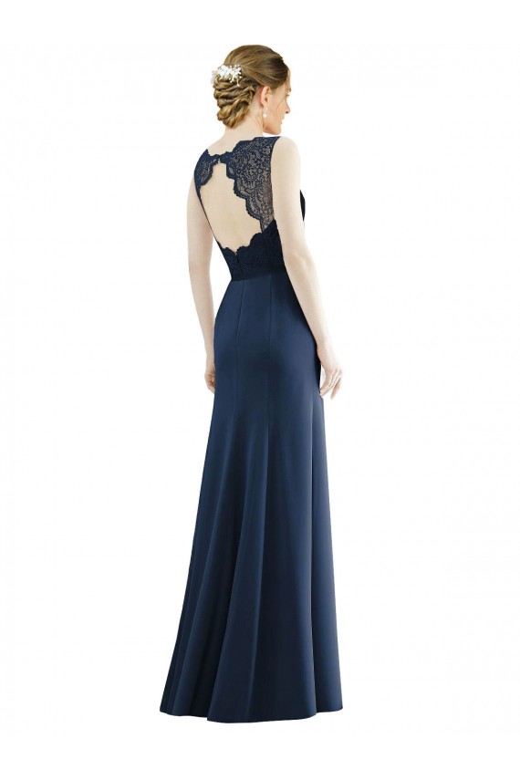 Comprare Blu marino scuro Stile sirena Illusione Chiffona Pizzo Lunga Abiti da damigella donore