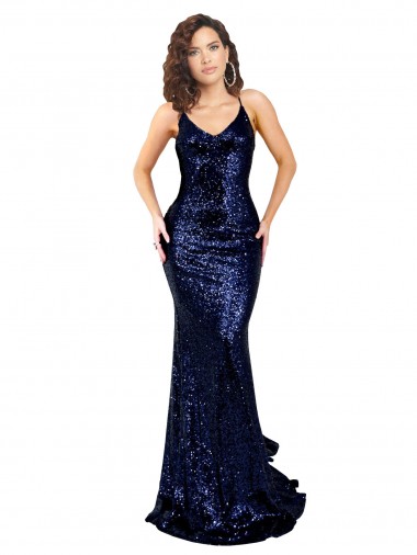 Comprare Blu marino scuro Stile sirena Scollatura a V Paillettes Lunga Formali Abiti da damigella donore / Abiti da sera / Abiti da ballo