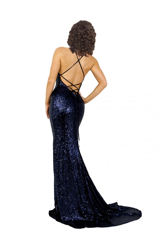 Comprare Blu marino scuro Stile sirena Scollatura a V Paillettes Lunga Formali Abiti da damigella donore / Abiti da sera / Abiti da ballo