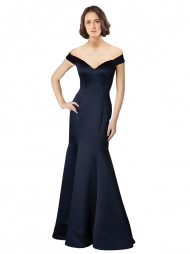 Comprare Blu marino scuro Stile sirena Scollatura a V Raso Lunga Abiti da damigella donore / Abiti da ballo