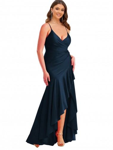 Comprare Blu marino scuro Stile sirena Sottili Raso Setoso Lunga Asimmetrico Formali Abiti da damigella donore / Abiti da sera / Abiti da ballo