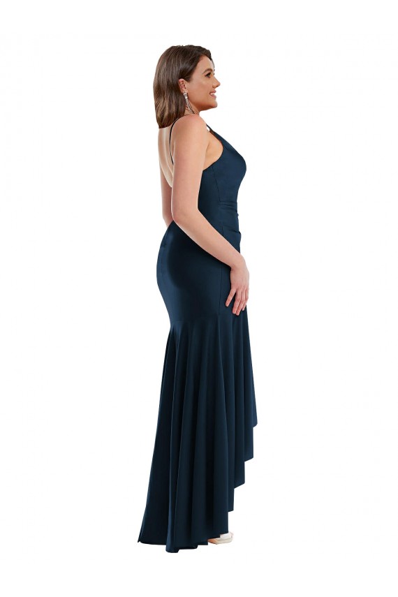 Comprare Blu marino scuro Stile sirena Sottili Raso Setoso Lunga Asimmetrico Formali Abiti da damigella donore / Abiti da sera / Abiti da ballo
