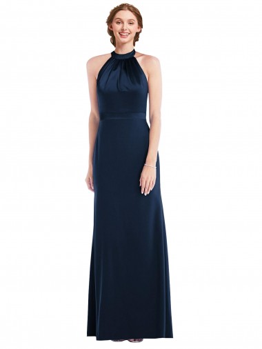 Comprare Blu marino scuro Tromba Alto Collo Crespo Elastico Lunga Abiti da damigella donore / Abiti da ballo