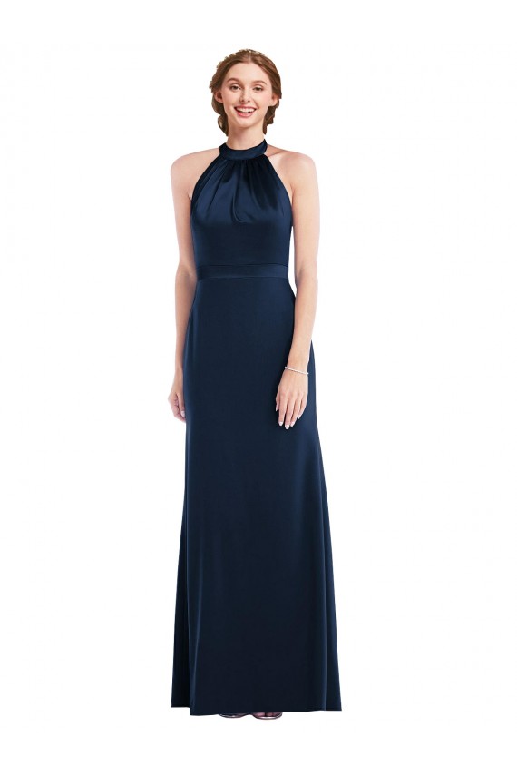 Comprare Blu marino scuro Tromba Alto Collo Crespo Elastico Lunga Abiti da damigella donore / Abiti da ballo