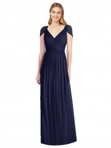 Comprare Blu marino scuro Tromba Scollatura a V Chiffona Lunga Abiti da damigella donore