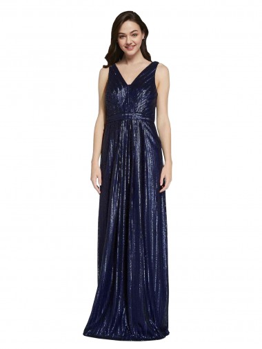 Comprare Blu marino scuro Tubino Scollatura a V Paillettes Lunga Formali Abiti da damigella donore / Abiti da sera / Abiti da ballo