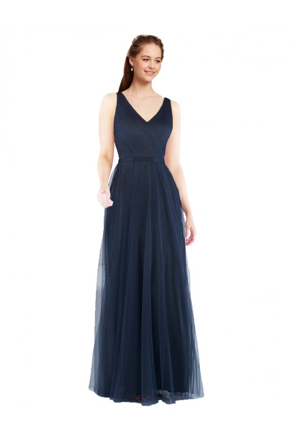 Comprare Blu marino scuro Tubino Scollatura a V Tulle Lunga Abiti da damigella donore