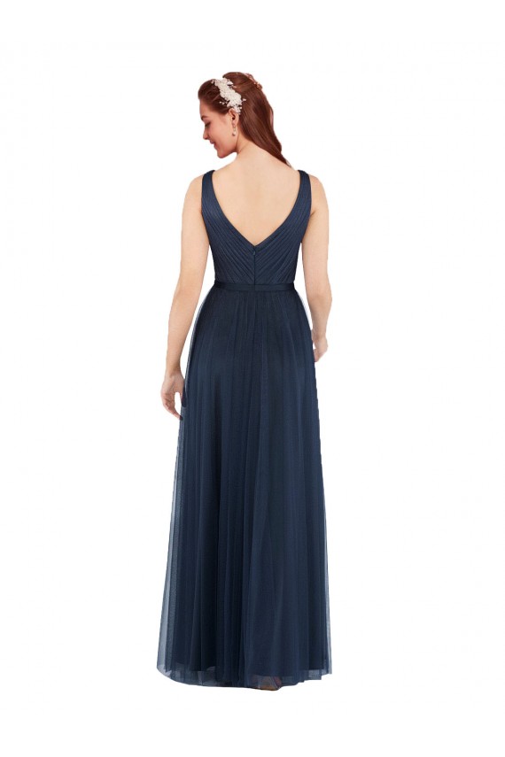 Comprare Blu marino scuro Tubino Scollatura a V Tulle Lunga Abiti da damigella donore