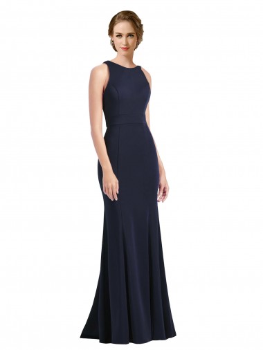 Comprare Blu marino scuro Tubino Scoop Alto Collo Crespo Elastico Lunga Abiti da damigella donore / Abiti da ballo