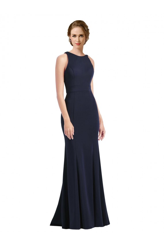 Comprare Blu marino scuro Tubino Scoop Alto Collo Crespo Elastico Lunga Abiti da damigella donore / Abiti da ballo