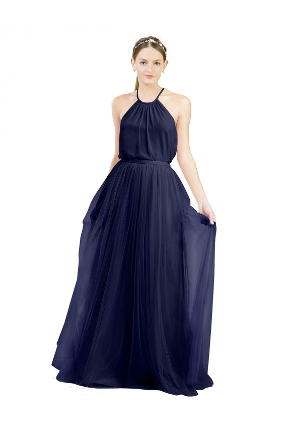 Comprare Blu navy 21 Linea A Capestro Alto Collo Tulle Lunga Abiti da damigella donore