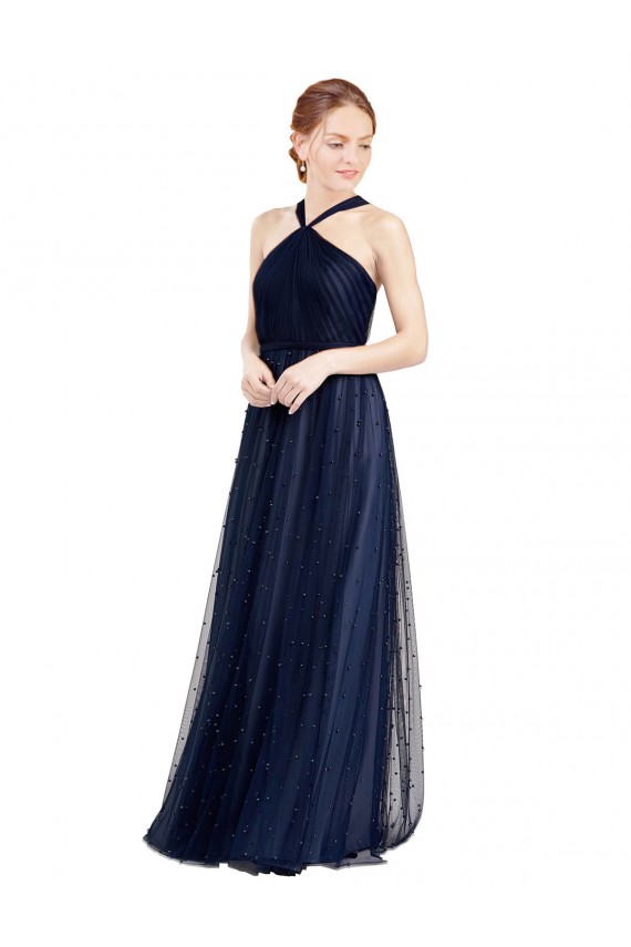 Comprare Blu navy 21 Linea A Capestro Tulle Lunga Abiti da damigella donore