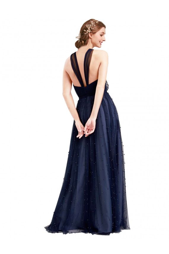 Comprare Blu navy 21 Linea A Capestro Tulle Lunga Abiti da damigella donore