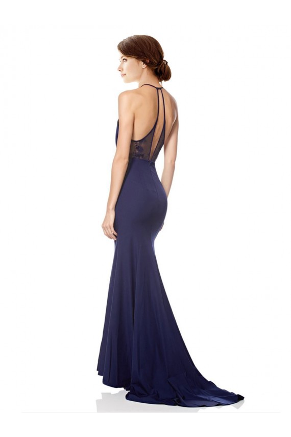 Comprare Blu navy Stile sirena Capestro Alto Collo Crespo Elastico Lunga Formali Abiti da damigella donore / Abiti da sera / Abiti da ballo