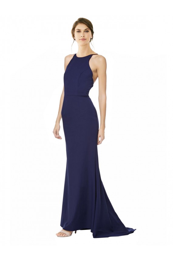 Comprare Blu navy Stile sirena Capestro Alto Collo Crespo Elastico Lunga Formali Abiti da damigella donore / Abiti da sera / Abiti da ballo