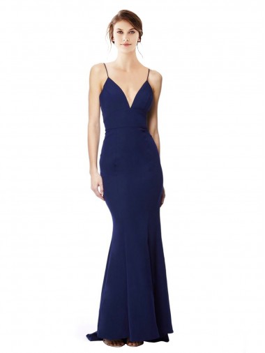 Comprare Blu navy Stile sirena Sottili Alto Collo Crespo Elastico Lunga Formali Abiti da damigella donore / Abiti da sera / Abiti da ballo