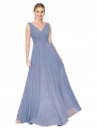 Comprare Blu polveroso Linea A Alto Collo Chiffona Lunga Formali Abiti da damigella donore / Abiti da sera / Abiti da ballo