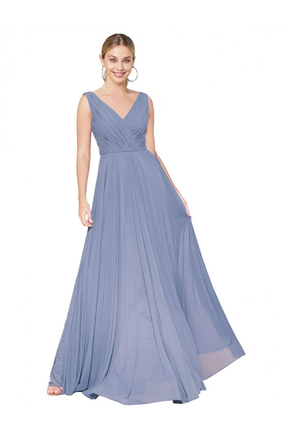 Comprare Blu polveroso Linea A Alto Collo Chiffona Lunga Formali Abiti da damigella donore / Abiti da sera / Abiti da ballo