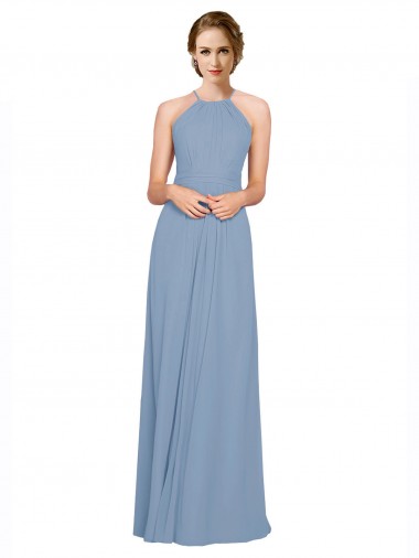 Comprare Blu polveroso Linea A Capestro Alto Collo Chiffona Lunga Abiti da damigella donore