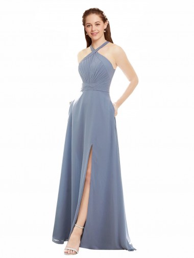 Comprare Blu polveroso Linea A Capestro Alto Collo Chiffona Lunga Abiti da damigella donore
