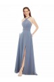 Comprare Blu polveroso Linea A Capestro Alto Collo Chiffona Lunga Abiti da damigella donore