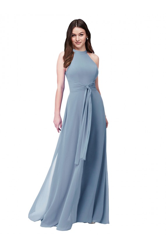 Comprare Blu polveroso Linea A Capestro Alto Collo Chiffona Lunga Abiti da damigella donore
