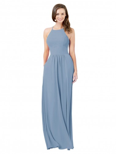 Comprare Blu polveroso Linea A Capestro Chiffona Lunga Abiti da damigella donore
