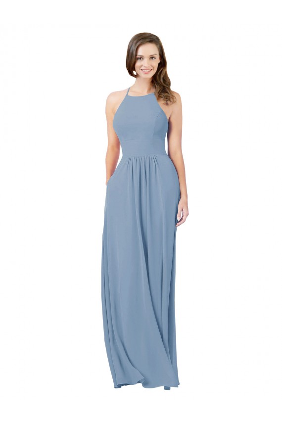 Comprare Blu polveroso Linea A Capestro Chiffona Lunga Abiti da damigella donore