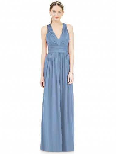 Comprare Blu polveroso Linea A Scollatura a V Chiffona Lunga Abiti da damigella donore