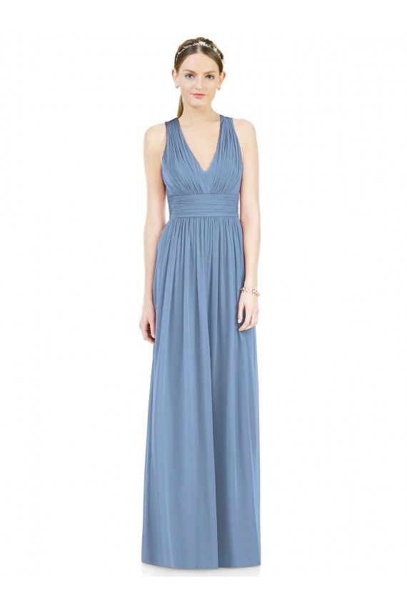 Comprare Blu polveroso Linea A Scollatura a V Chiffona Lunga Abiti da damigella donore