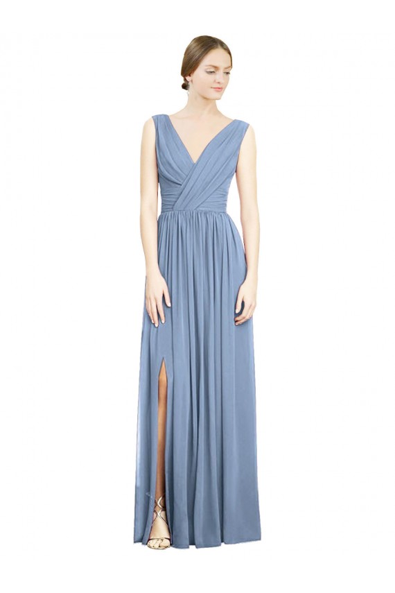 Comprare Blu polveroso Linea A Scollatura a V Chiffona Lunga Abiti da damigella donore