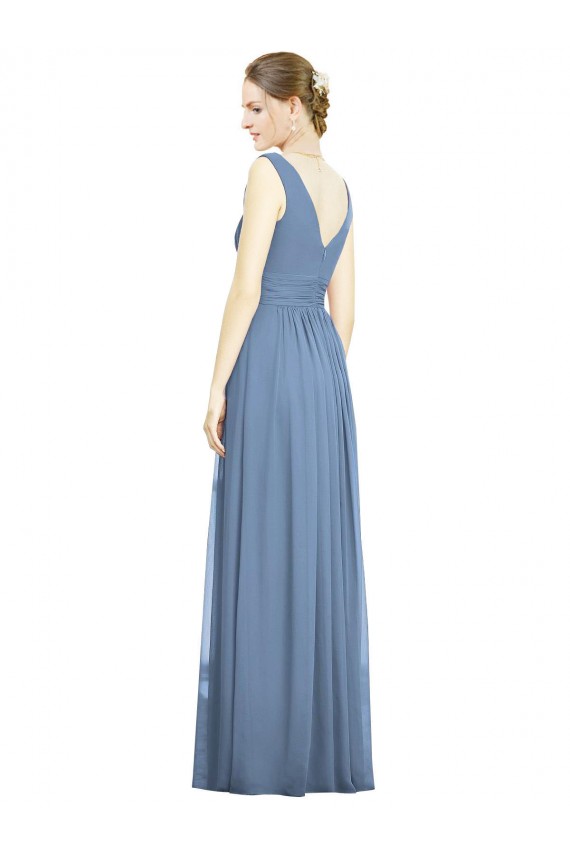 Comprare Blu polveroso Linea A Scollatura a V Chiffona Lunga Abiti da damigella donore