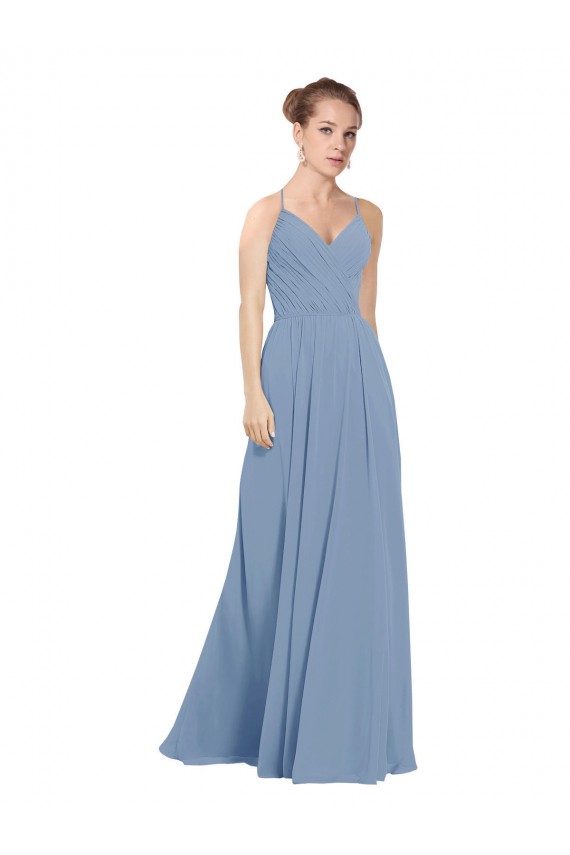 Comprare Blu polveroso Linea A Scollatura a V Chiffona Lunga Abiti da damigella donore
