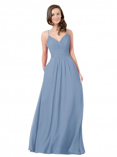 Comprare Blu polveroso Linea A Scollatura a V Chiffona Lunga Abiti da damigella donore