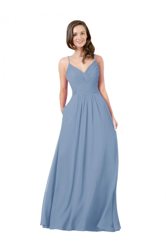 Comprare Blu polveroso Linea A Scollatura a V Chiffona Lunga Abiti da damigella donore