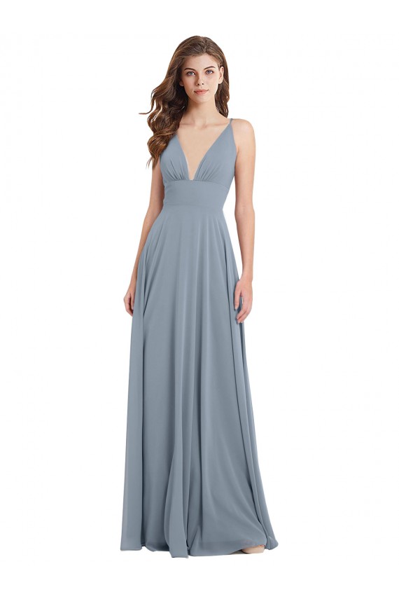 Comprare Blu polveroso Linea A Scollatura a V Chiffona Lunga Abiti da damigella donore
