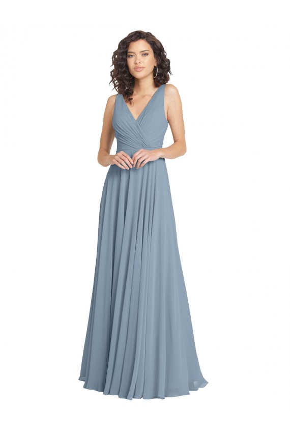 Comprare Blu polveroso Linea A Scollatura a V Chiffona Lunga Abiti da damigella donore