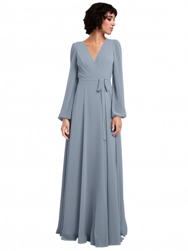 Comprare Blu polveroso Linea A Scollatura a V Chiffona Lunga Abiti da damigella donore
