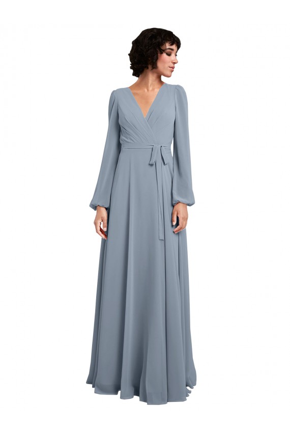 Comprare Blu polveroso Linea A Scollatura a V Chiffona Lunga Abiti da damigella donore