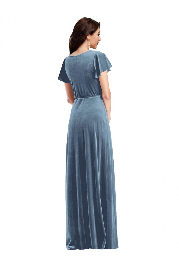 Comprare Blu polveroso Linea A Scollatura a V Velluto Elastico Lunga Abiti da damigella donore / Abiti da ballo