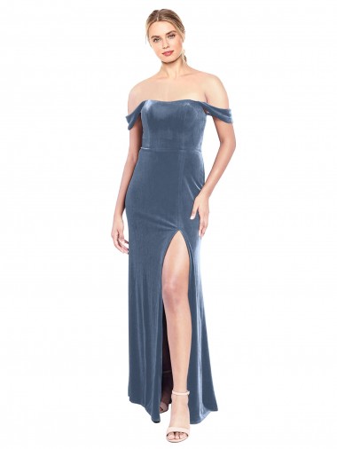 Comprare Blu polveroso Linea A Senza spalline Velluto Elastico Lunga Abiti da damigella donore / Abiti da ballo