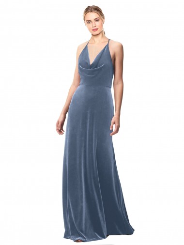 Comprare Blu polveroso Linea A Sottili Capestro Cappuccio Velluto Elastico Lunga Abiti da damigella donore / Abiti da ballo