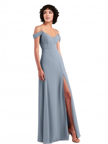 Comprare Blu polveroso Linea A Sottili Chiffona Lunga Abiti da damigella donore