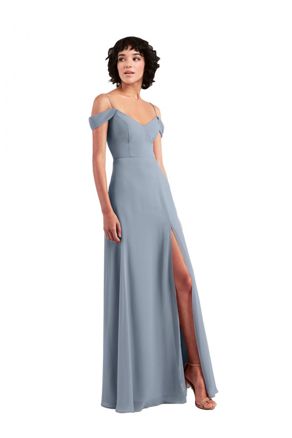 Comprare Blu polveroso Linea A Sottili Chiffona Lunga Abiti da damigella donore