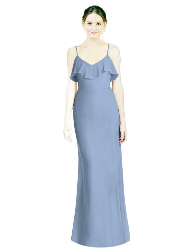 Comprare Blu polveroso Linea A Sottili Scollatura a V Chiffona Lunga Abiti da damigella donore